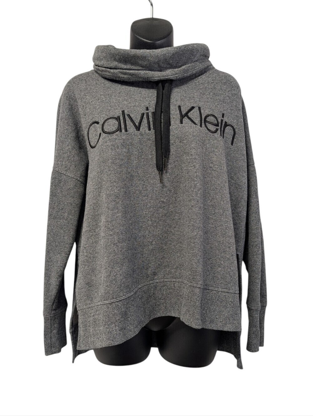 Calvin Klein Grey Cowl Neck Hoodie Sweatshirt Sz S Embroidered Logo Sideslit